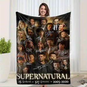1pc Supernatural  Signature Poster Art Flannel Blanket - Lightweight, Wrinkle-Resistant, Durable Polyester, Ideal for Bedroom & Dorm Decor, Unique Gift Idea, , All-Season Use, Gift for Fans|Vintage Poster Design|Warm Haven Textiles