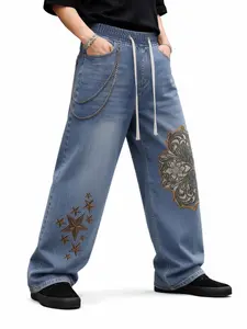 Men’s Western-style embroidered wide-leg jeans, Y2K retro loose jeans, relaxed straight wide-leg fit that shapes the legs.