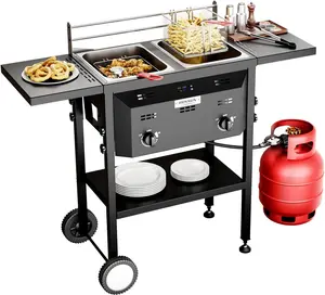 ROVSUN Outdoor Deep Fryer with Dual 8QT Stainless Steel Tank & Basket, Portable Propane Gas Fryer with Rolling Cart, Storage Shelves, Lids & Thermometer for Outdoor Backyard Cooking Frying SpringStatements