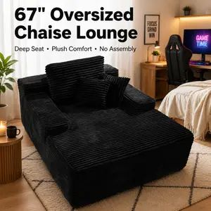 Ovios 67'' Boneless Chaise Lounge Chair, Indoor Deep-Seat Plush Corduroy Sofa Bed with Pillows, No-Assembly Sleeper Couch for Living Room, Gaming Room, Black Boneless Couches