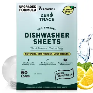 Zero Trace Dishwasher Detergent Lemon Burst - Eco-Friendly Sheets for Dish Washing - Plant Powered Technology - More Efficient than Dishwasher Pods or Tablets (38 Sheets) Cleaner Cleaning