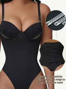 1 Count Women's V Neck Back Lace Up Tight Fit Shapewear, Solid Color Basic Wear with Breast Support Bra Seamless Sculpting Bodysuit, Removable Adjustable Spaghetti Straps Body Shaper, Butt Lifting Shaper Tops, Perfect for Going Out Outfits & Daily Wear