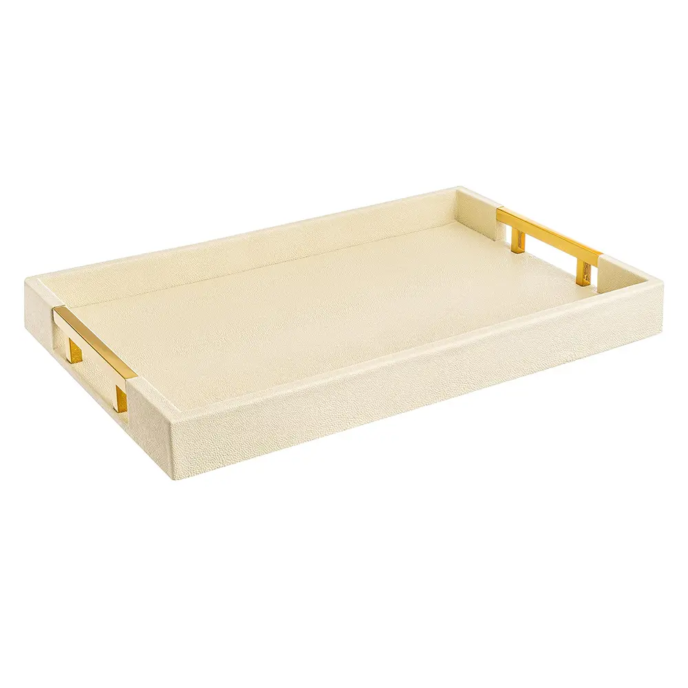 Modern Elegant 18"x12" Rectangle Cream Glossy Shagreen Decorative Serving Tray with Gold Polished Metal Handles for All Occasion's, Cream/Gold