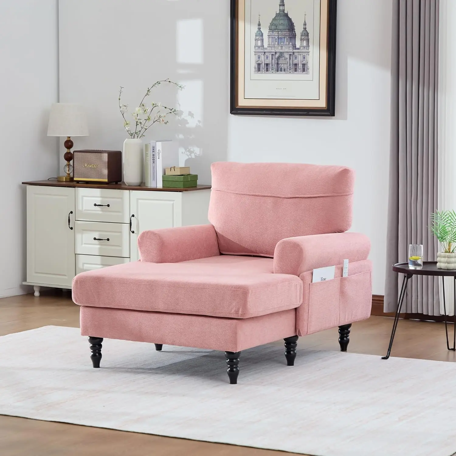 Modern Minimalist Chenille Fluffy L-Shaped Chaise Lounge Recliner Single Sofa Chair - Wide Seat, Polyurethane Foam Cushions, Padded Arms, 550lb Capacity, Wooden Legs, Side Pockets, Boneless Sectional - for Living Room, Balcony, Pink Sectional Couch