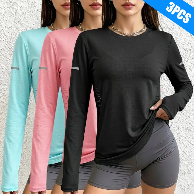 Pack of 3 women’s long-sleeve T-shirts—casual tops suitable for commuting, vacations, outdoor sports, and everyday wear.