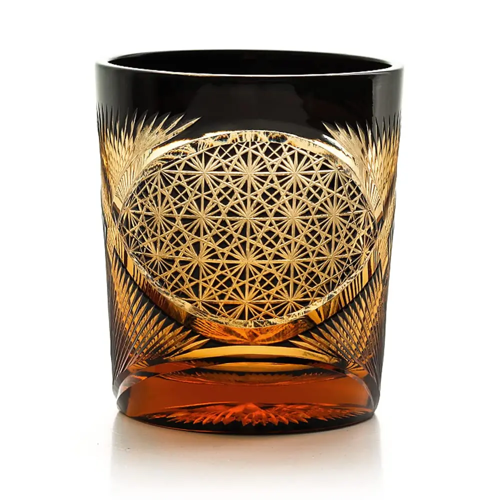 Luxury Handmade Edo Kiriko Old Fashioned Glass, Japanese Style 8OZ Amber Black Engraved Rocks Tumbler, Crystal Cut Drinkware for Whiskey Vodka, With Gift Box