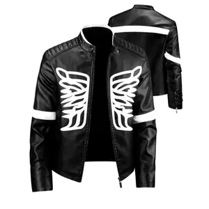 Men’s slim-fit PU leather motorcycle jacket — black and white two-tone, wing design, zip-up, stand collar, vintage top