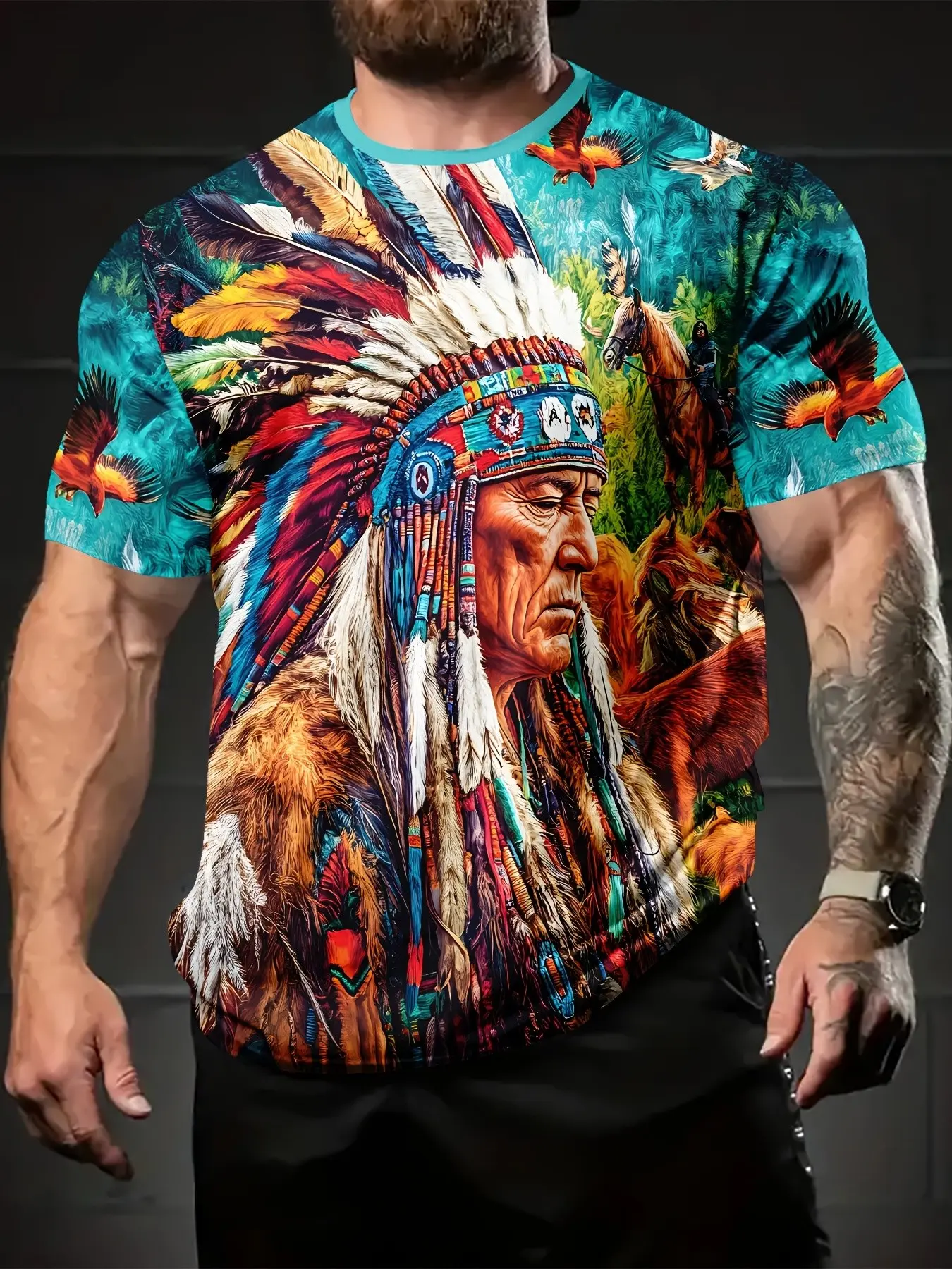 Men's Tribal Indian Chief Animal Pattern Graphic T-Shirt, Bold Feather Headband Print, Casual Wear & Theme Party Top, Round Neck