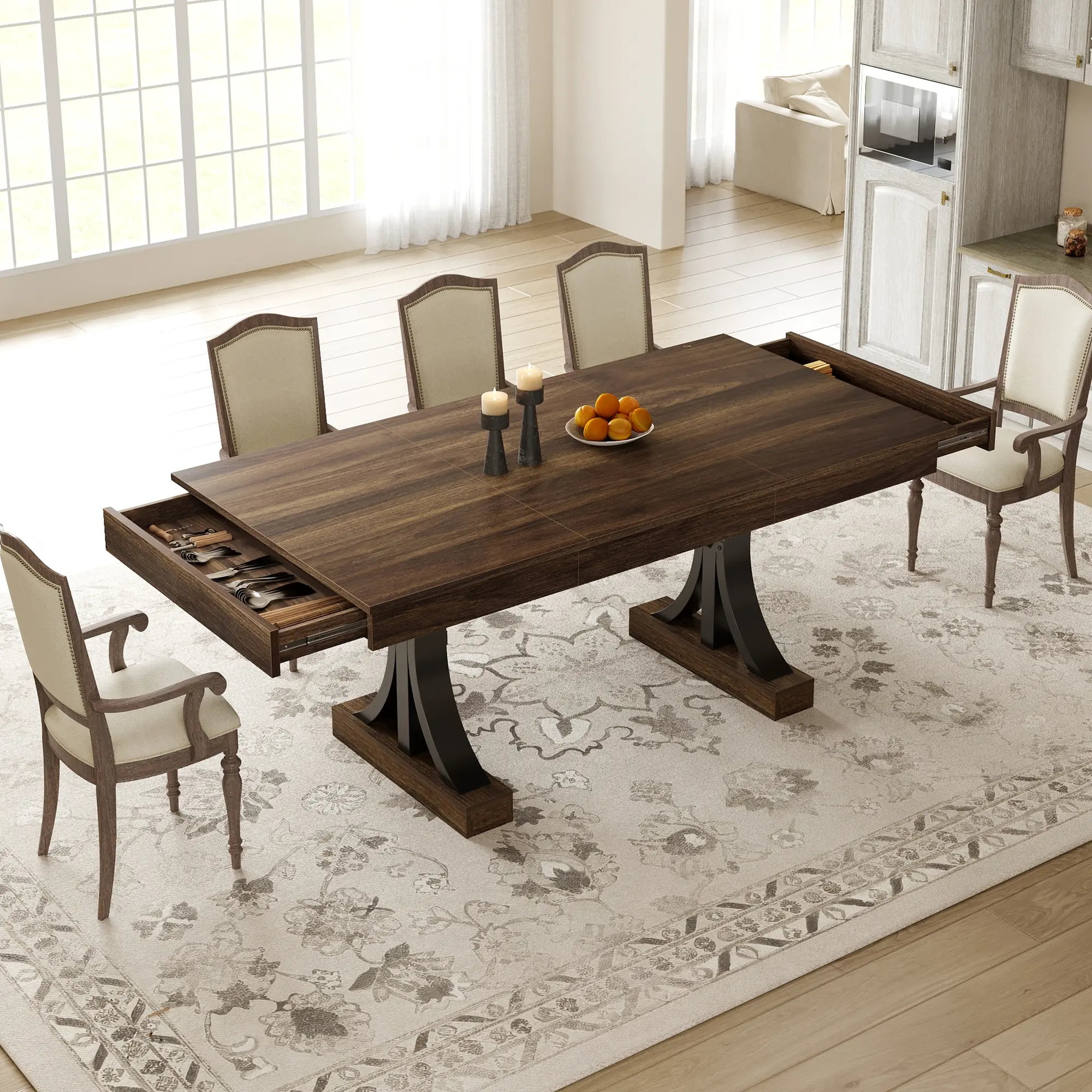 Large Rectangular Wood Dining Table with Double Pedestal and Drawers, Seats 6-8, Strong Frame for Kitchen or Office