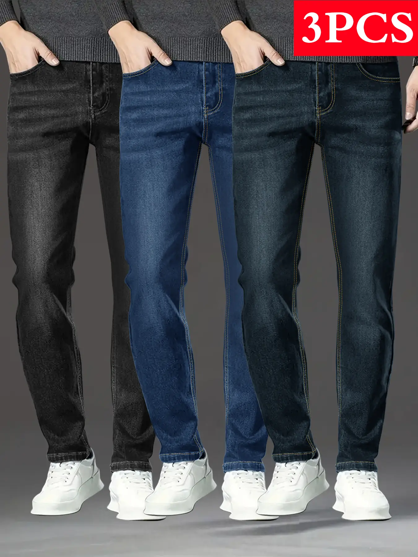Men's 2026 New Slim-Fit Solid-Color Denim Jeans 3-Pack - Classic Menswear with Fabric Pockets, Simple Casual Versatile Wear