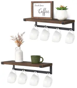 Mug Holder Wall Mounted Mug Rack with Hooks, Set of 2, Storage Rustic Floating Shelf Coffee Bar Accessories Wood Coffee Cup Hanger for Organizing Cooking Utensil Home Kitchen Decor, Brown