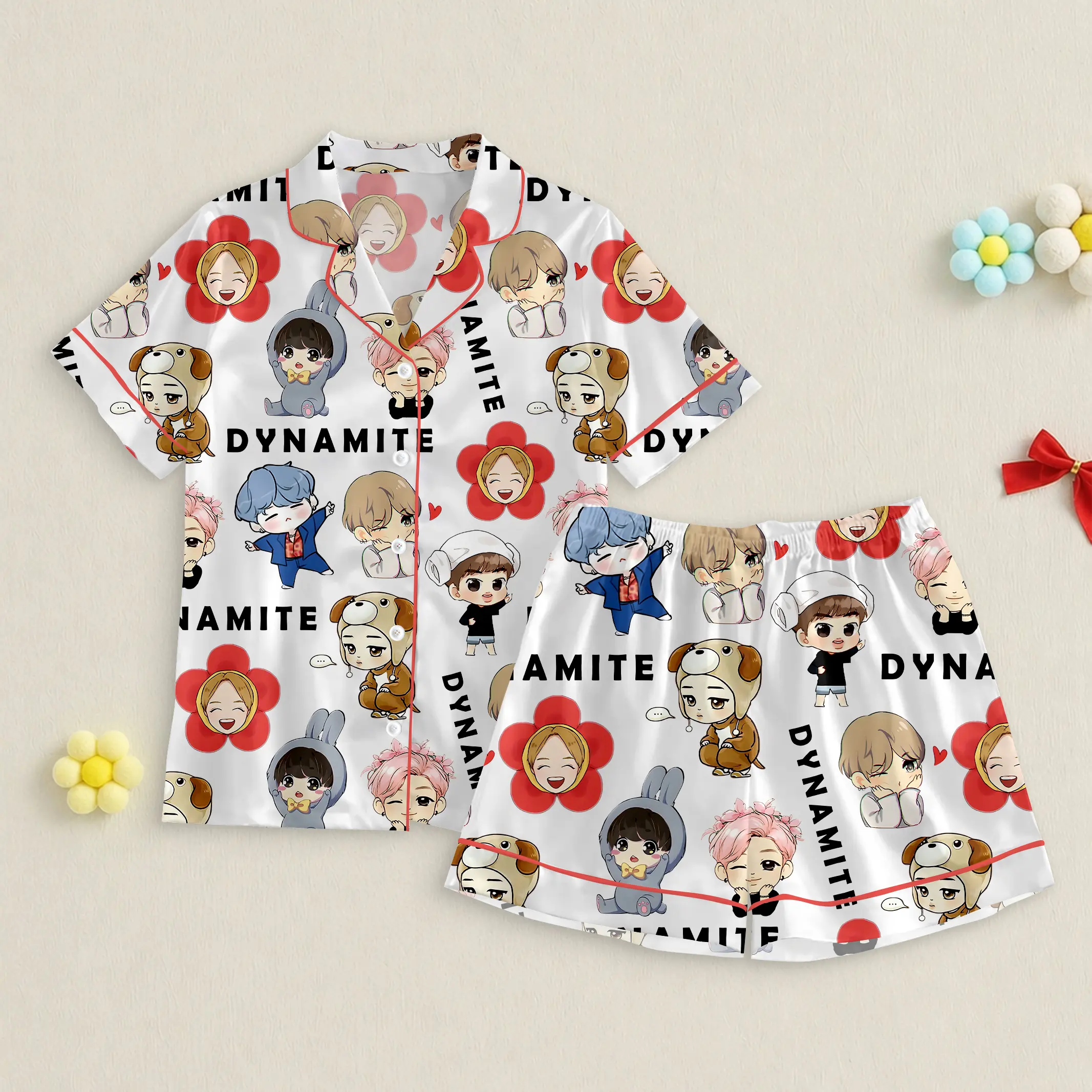 Bt-21 Cartoon Pajama Set, Satin Sleepwear, Gift for Fans, Pajama Set for Kpop Fans, Kpop Pajama Set