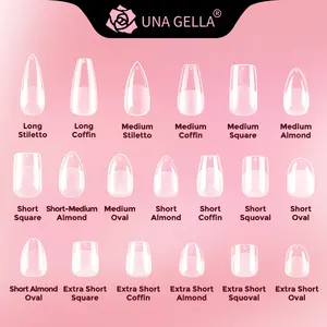 UNA GELLA Hot Sell Gel Nail Tips Set – 216 PCS Short & Long Almond, Square, Round, Stiletto Full Cover Fake Nails, Soft Gelly DIY Press On Nails Soak Off 12 Sizes