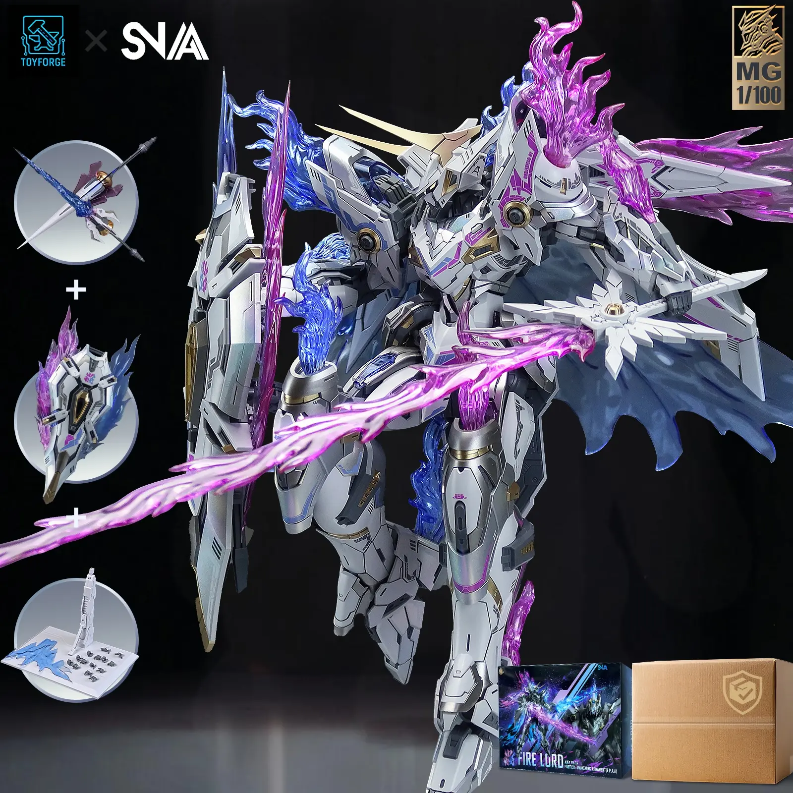 SNAA Mg 1/100 Phantom Soul Mecha Model Kit, Includes Base, Weapon Set, Pre-Painted Silver Armor, Blue Particle Effects, Collectible Model