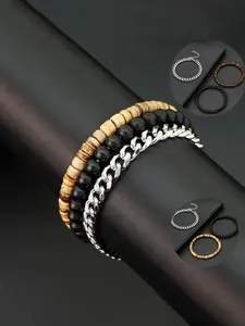 3 Piece Set Multi-Material Handmade Bracelet for Men, Coconut Shell Beads Matte Stone Punk Thick Chain Metal Chain Jewelry Gift for Boyfriend