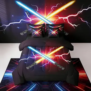 Lightsaber Pattern Bed in a Bag 7-Piece Sword Comforter Set with Comforter,Pillow Shams,Flat Sheet,Fitted Sheet and Pillowcases All Season Star Wars Vibe Bedding