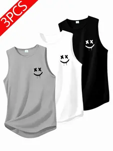 3-Pack Boys' Quick-Dry Sports Tank Tops, Sporty Tank Top, Lightweight Running & Workout Wear, Smiley Print, Breathable Moisture-Wicking, Multiple Colors Available