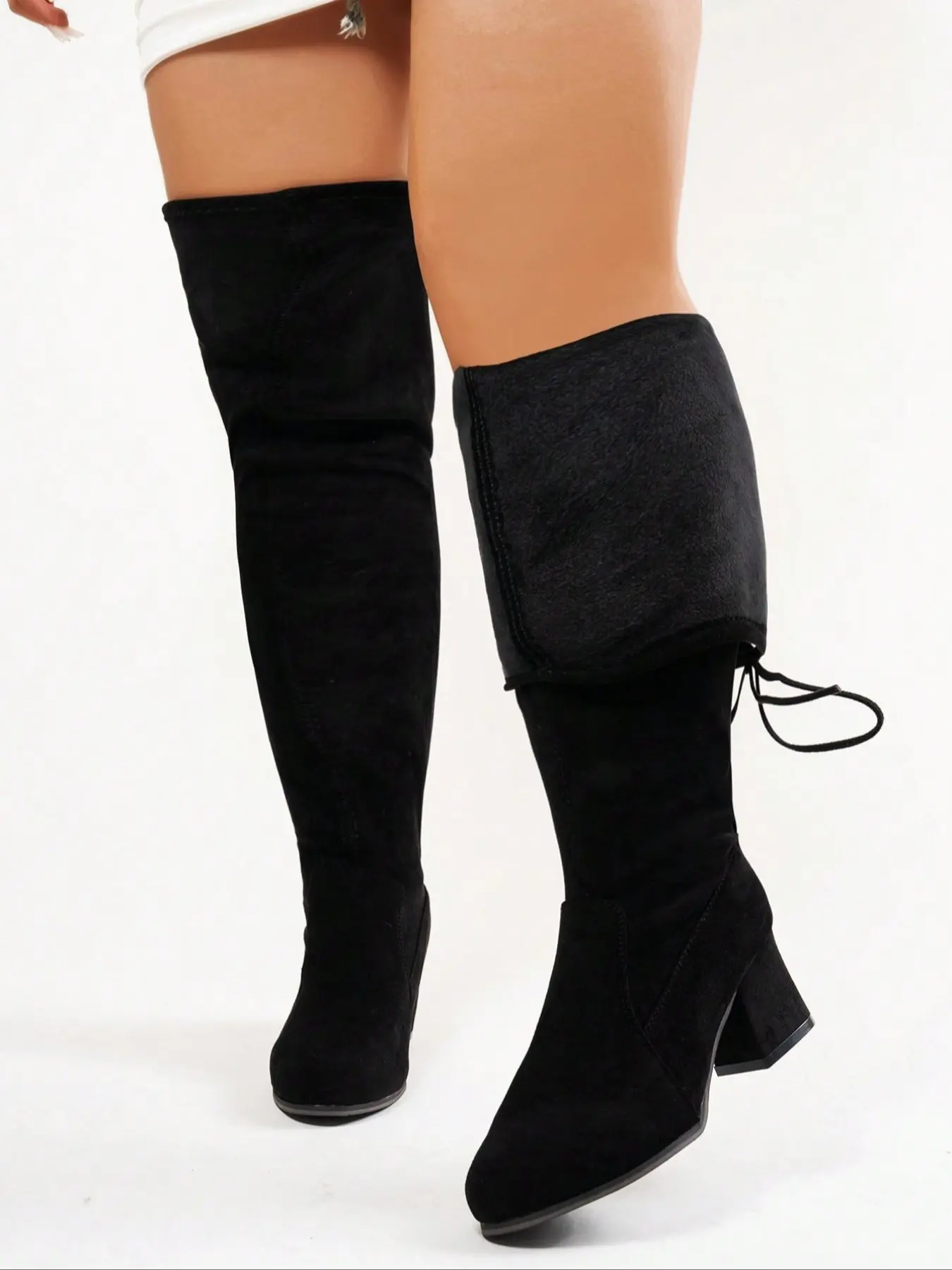 Women's New Wide Edition Ultra-Elastic Solid Color Elastic Velvet Mid-Calf over Knee Fashion Boots, Casual Fall & Winter Shoes, Black