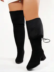 Women's New Wide Edition Ultra-Elastic Solid Color Elastic Velvet Mid-Calf over Knee Boots, Casual Fall & Winter Shoes, Black