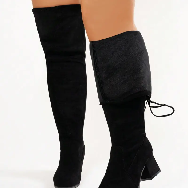 Women's New Wide Edition Ultra-Elastic Solid Color Elastic Velvet Mid-Calf over Knee Fashion Boots, Casual Fall & Winter Shoes, Black