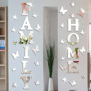 3D Family Home Sign Letters Living Room Decor Family Rustic Farmhouse Wall Decor Acrylic Mirror Decorative Butterfly Mirror Wall Sticker Decals for Living Room Bedroom Kitchen (Silver)
