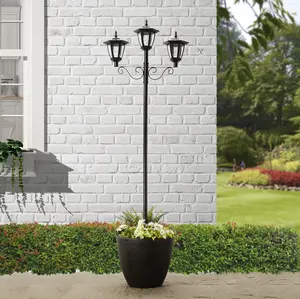 Glitzhome 74"H Summer Garden Solar Three Head Street Light with a Round Planter Pot