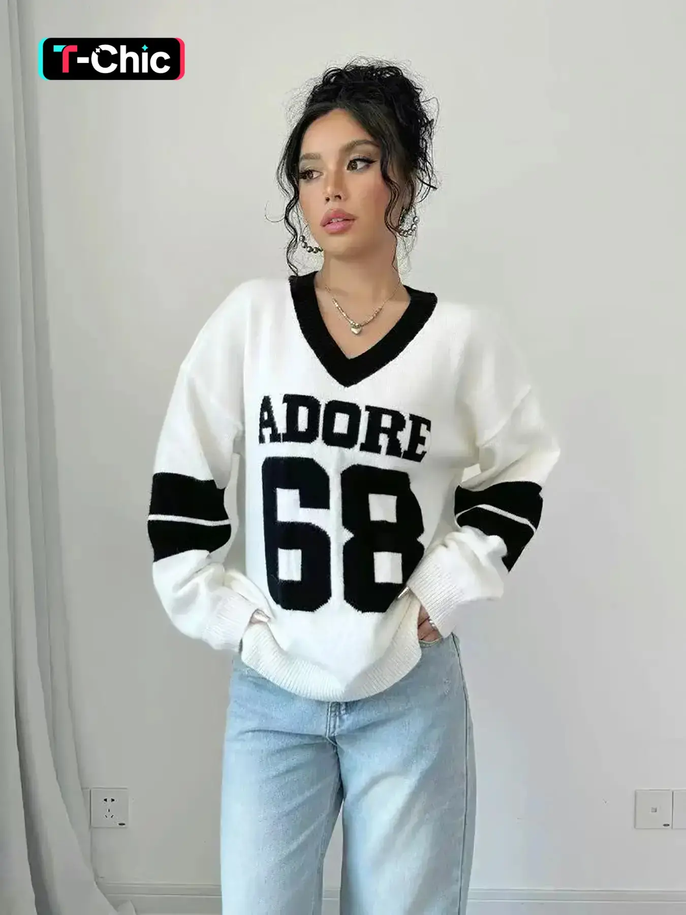 Autumn Winter Color Block V Neck Sweater for Women, Lady, Womenswear Casual Loose Knitwear with Letter Design, Trendy Streetwear, Comfortable Long Sleeve Sweatshirt, Tops, Knitting, Fashion Knitwear, Casual Cozy Jumper