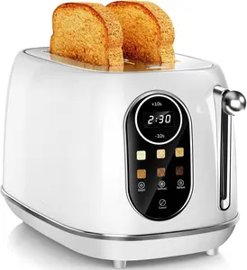 Touch Screen Toaster 2 Slice, Retro Wide Slot Stainless Steel Toaster with 6 Browning Levels, Reheat & Defrost, for Bagel, Toast, Bread, Removable Crumb Tray, White