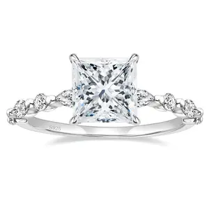 2CT 925 sterling silver ring, princess cut CZ engagement ring with inlaid circular cubic zirconia wedding ring, suitable for women's Christmas gifts