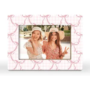 Pink Bow Couples Gifts Picture Frame, Preppy Bowknot Plaid  for Girlfriend Teen Girls Friend Sister, Funky Girly Aesthetic Photo Frame 4x6 Horizontal Photo for Tabletop Display