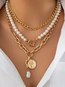 Layered Gold Pearl & Coin Pendant Necklace Set, Y2K - Inspired Vintage - Style Jewelry, Trendy for Women, Daily & Party Wear, Dainty Layering Jewelry