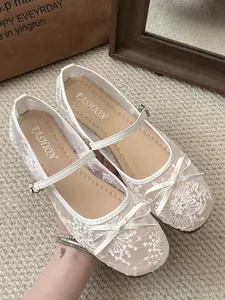 Women's Embroidered Mesh Ballet Flats, Elegant Square Toe Ballerina Shoes, Lightweight Breathable Comfort for Parties & Daily Wear