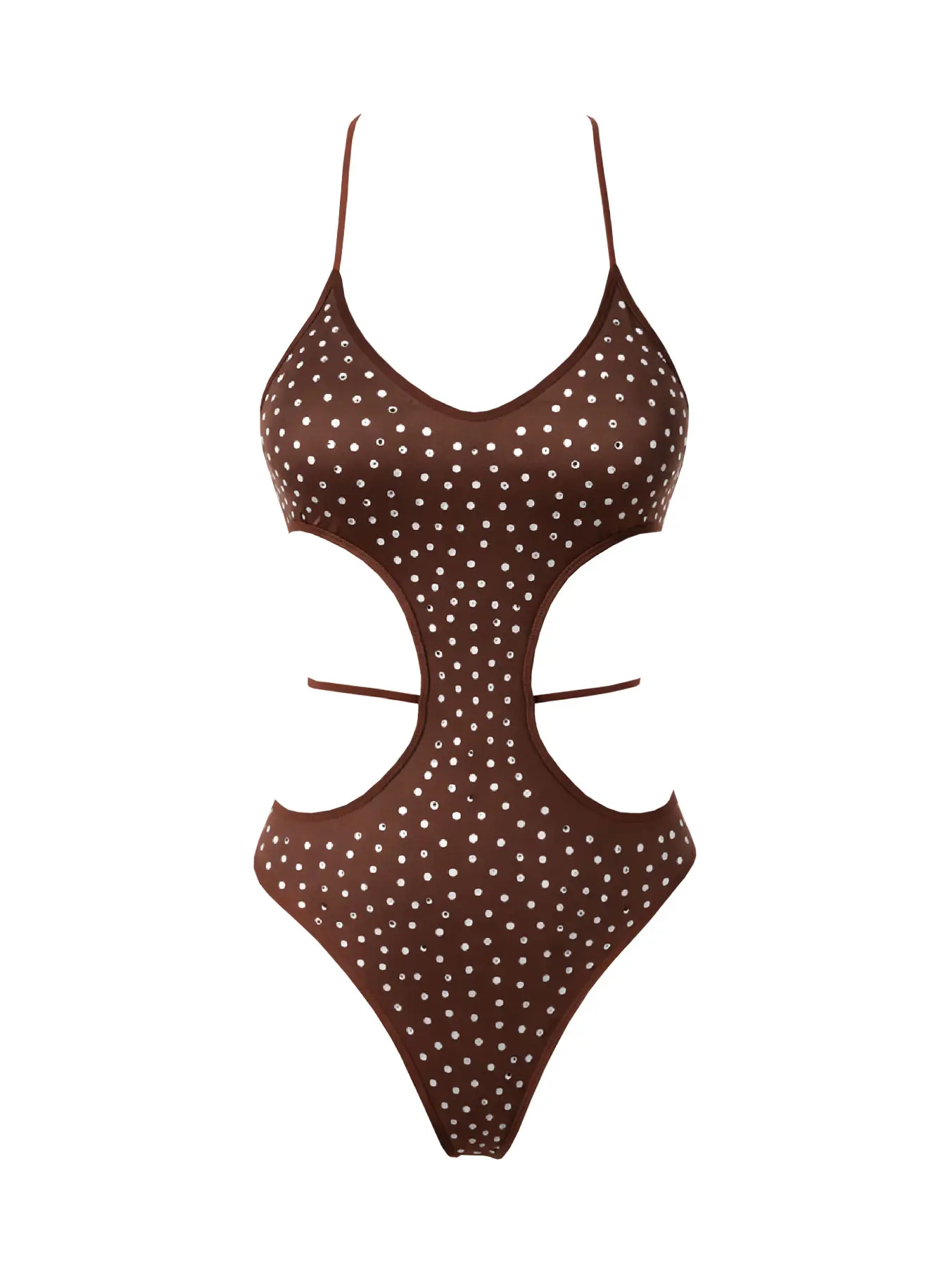 2026 new women’s one-piece swimsuit set with rhinestone accents and a waist-revealing design; fashionable, sexy halter-neck, backless fitted shapewear top that flatters the figure; ideal for holiday casual beach wear and hot spring attire.