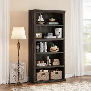 Multipurpose 5-Tier Wooden Bookcase, Tall Open Display Storage Shelf, Rustic Farmhouse Bookshelf Cabinet for Living Room, Home Office, Bedroom, Grey, Vintage, Cherry