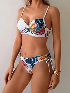 Women's Bikini Two-Piece Set, V-Neck Cross Knot Top, Low Waist Drawstring Swimwear, Tropical Floral Print, Sweet Elegant Style, Beach Vacation, Tropical Flower Bikini, Floral Print Swimsuits