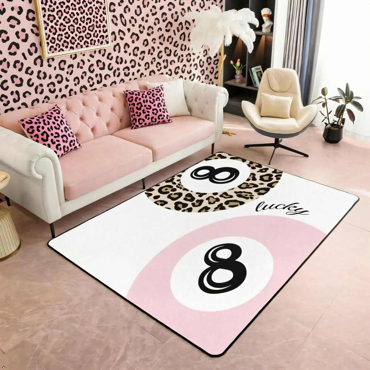 Trendy Leopard Print Area Rug Low Pile Print,Modern Art Cheetach Living Room Rugs,Y2K Aesthetic Lucky 8 Ball Decorative Carpet Pink White Brown Indoor Floor Mat
