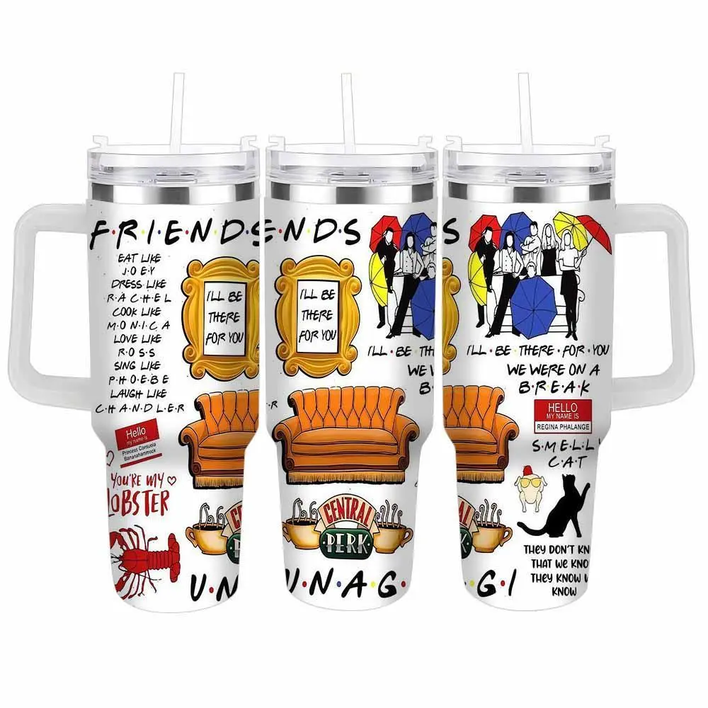 Friends TV Show Theme Stainless Steel Insulated Flask Tumbler (20oz/30oz/40oz) - Central Perk Coffee Couch Illustration, Funny Quote, Unagi Lobster Design, Straw, Lid, Durable, Drink-Friendly Insulation, Ideal for Office, Travel Gift, Flasks, Double Wall,