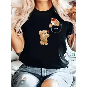 Cute Teddy Bear LOVE Graphic Black T-Shirt, Soft Oversized Crew Neck Outfit, Comfort Durable Fashion Tee, Perfect Valentine's Day Gift For Her