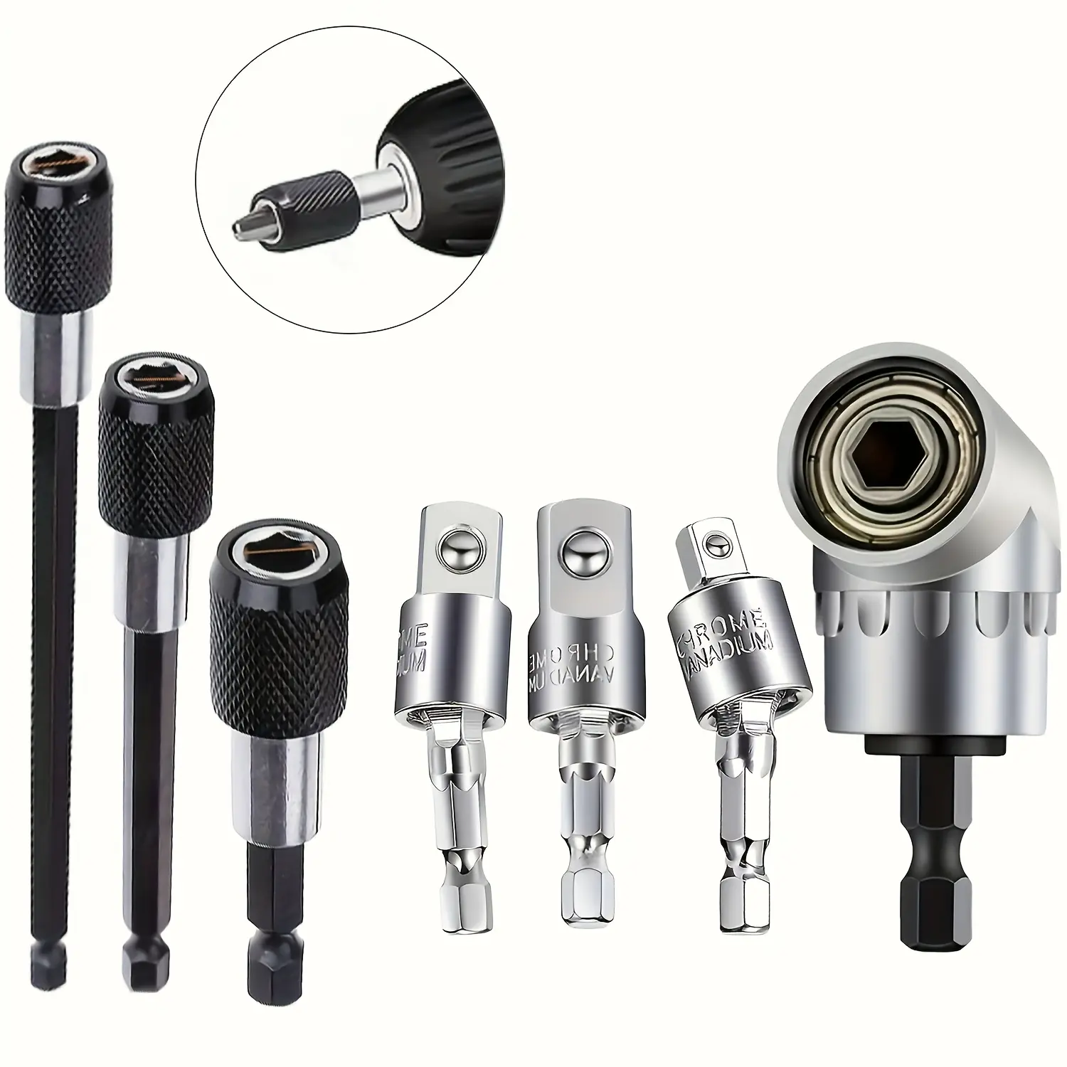 Summerwins Socket Adapter Set - 360-Degree Rotatable, 105-Degree Right Angle Screwdriver Bit Holder, 1/4-3/8-1/2 in Adapters, Silvery Universal Flexible Tools for Tight Space Drilling, Screw Driving, Rotates 360°
