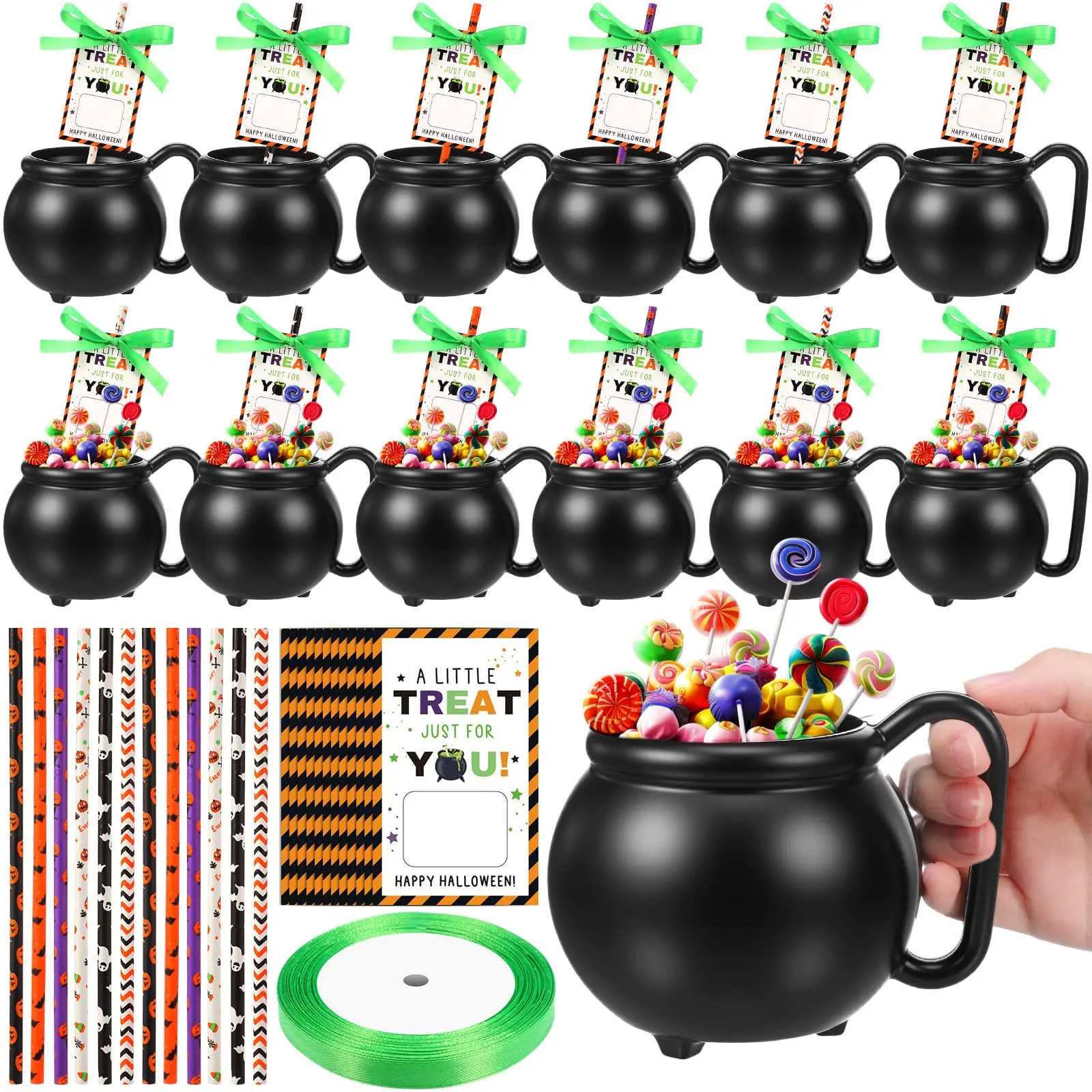 12/24 Sets Halloween Cauldron Mugs 15 oz Candy Pots Cups Black Plastic Witch Mug with Paper Straws Cards Ribbon Treat or Trick Candy Gifts for Boys Girls Students for Spooky Season Party Favors Candy Goodie Bag Ideas