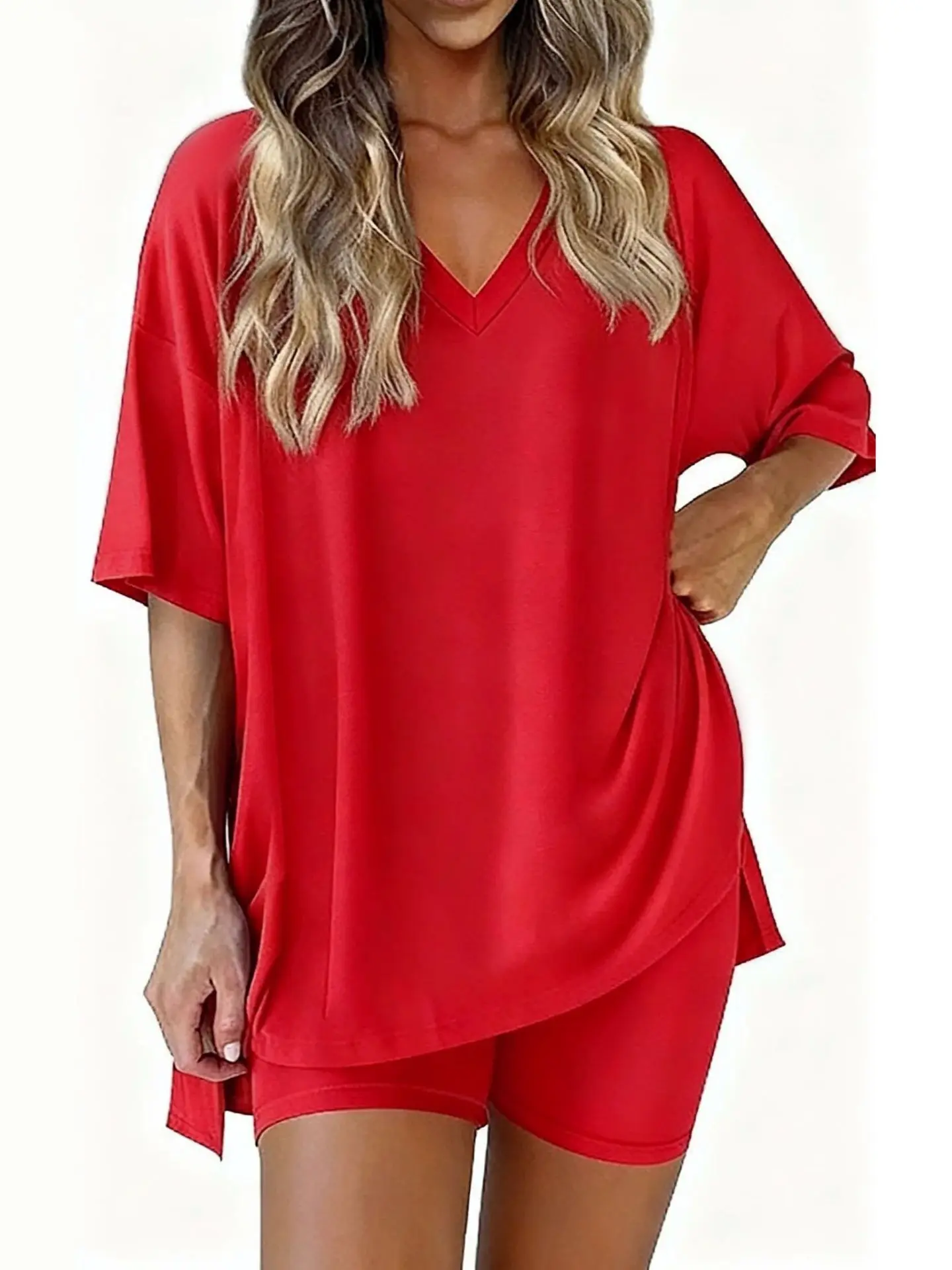 Women Casual Tracksuit 2 Piece Outfit, Oversized V Neck Short Sleeve Top & Biker Shorts, Lightweight Reversible Lounge Nightwear