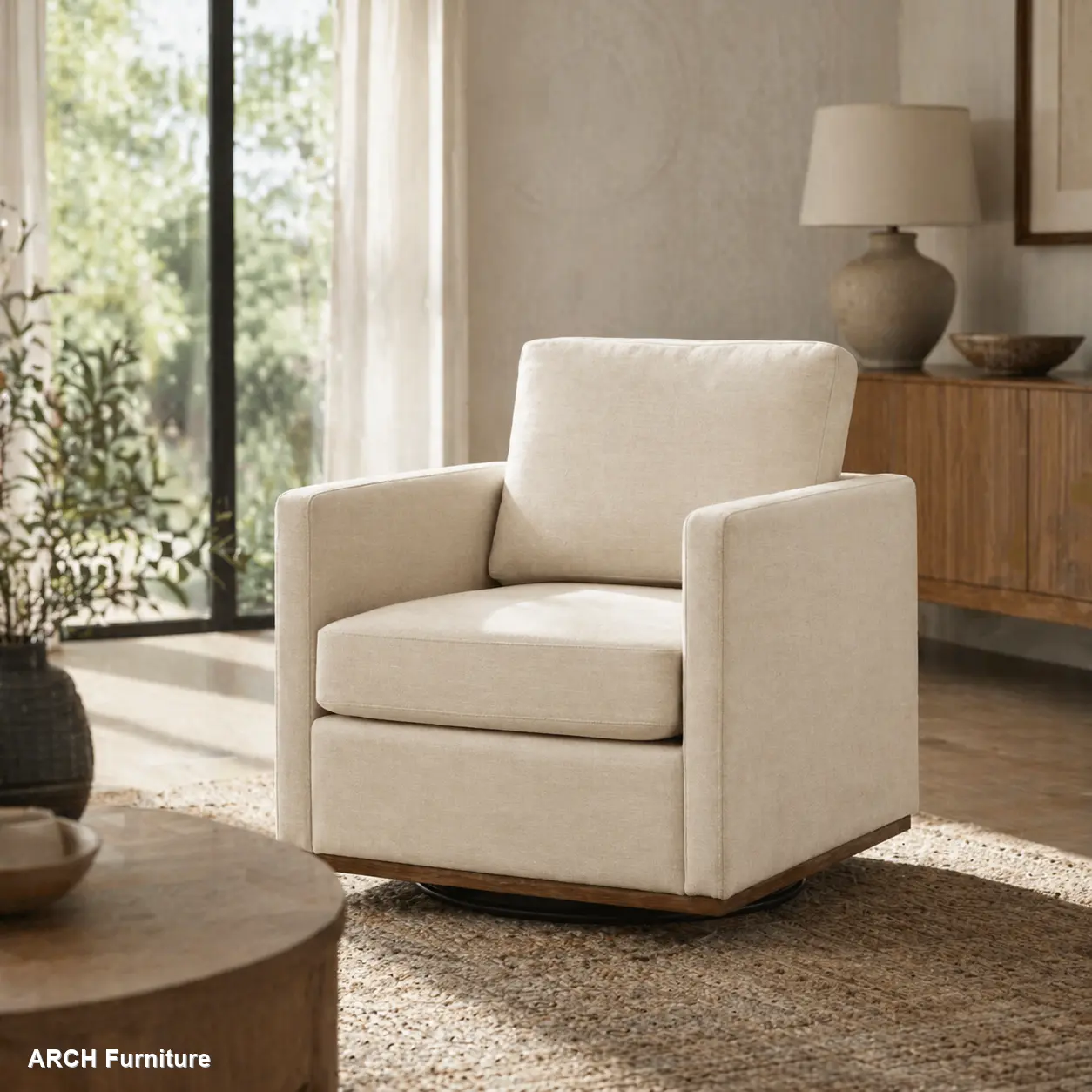 30.7"W Square Upholstered 360-Degree Swivel Modern Accent Chair, Comfy Armless Single Lounge Club Chair for Living Room, Bedroom, Beige, Armless Lounge Chair