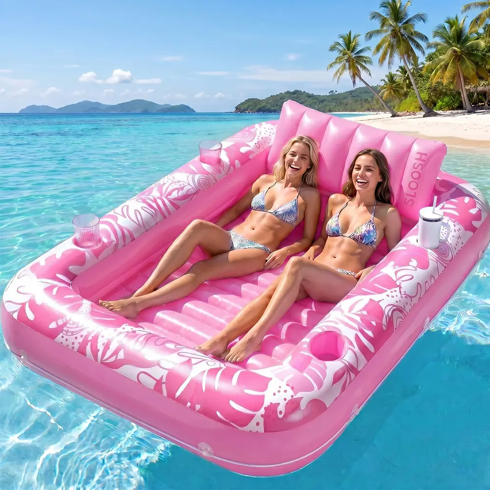 4-in-1 Inflatable Suntan Tub Raft Floatie for Adults – Portable Pool Lounger with Removable Pillow, 2 Cup Holders, & Drain Valve – Thickened PVC Supports 250lbs for Beach, Backyard, or Lake