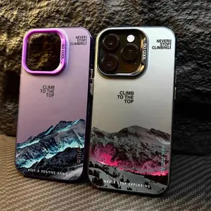 Snow Mountain Landscape Sunset Electroplate Silver Phone Case For iPhone 16 Pro 17 11 12 13 14 15 Pro Max Air 16E Back Cover Print Anti-fall Mobile Phone Case stylish protective Magnetic 360 Rotating Case with Full Protection high quality