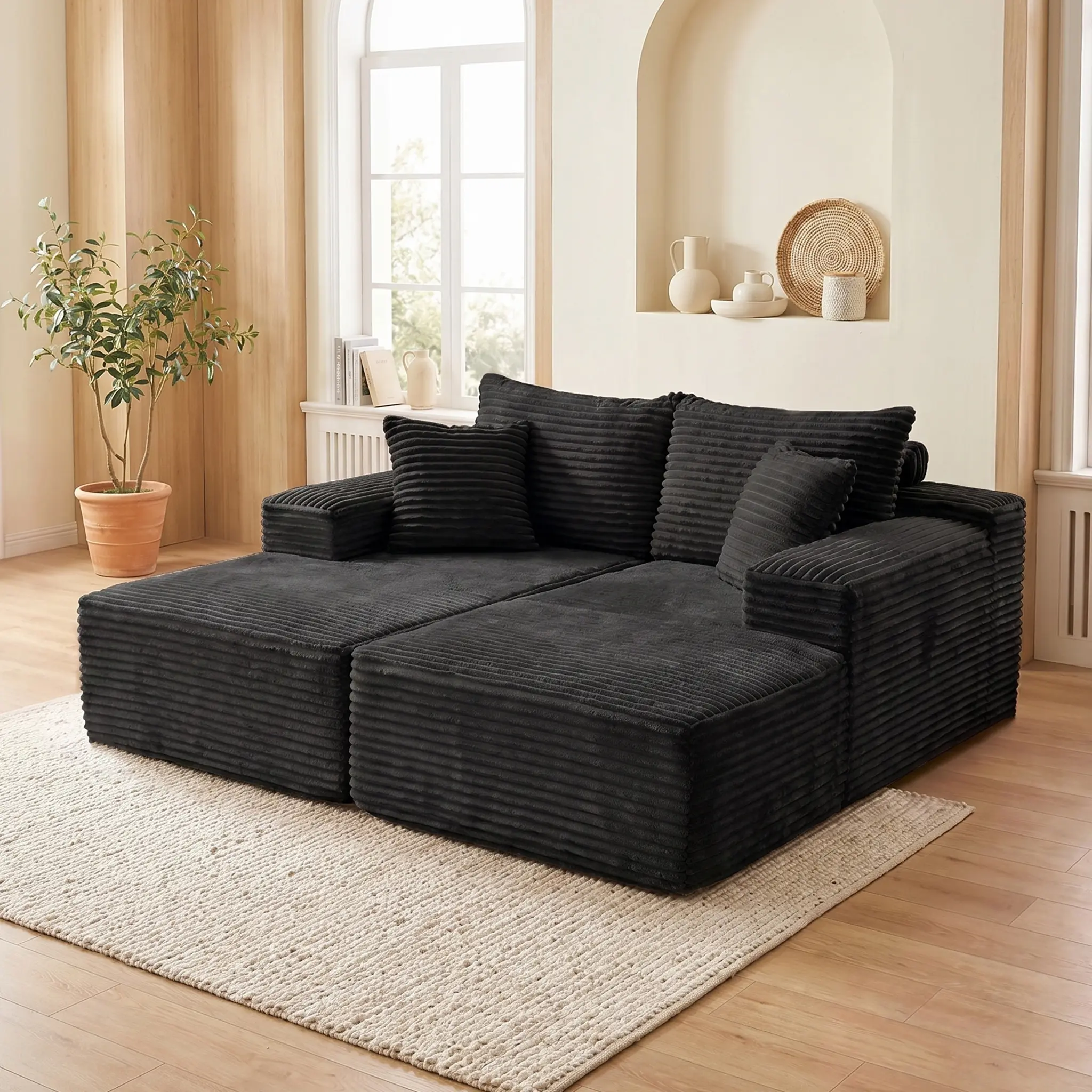 81" Oversized Sofa Bed, Boneless Chaise Lounge, Upholstered Oversized Sofa Bed with Pillows, Indoor Sleeper Chair Luxurious Plush Corduroy Chair Bed for Living Room No Assembly Required loveseat Double cinema sofa Home Theater Seating modern couch