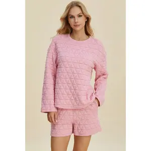 Double Take Full Size Texture Round Neck Long Sleeve Top and Shorts Set - Pink, 95% Polyester 5% Spandex, Slightly Stretchy, Casual Style