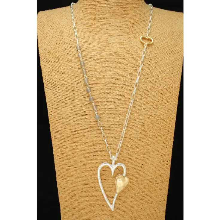 MCH Double Heart Costume Necklace with Side Beads Chain, Metal Links Ling Jewelry for Fashion Accessories Enthusiasts