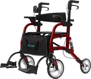 2 in 1 Rollator Walker & Transport Chair for Seniors, Folding Rolling Walker Wheelchair Combo with Wide Seat and Shock Absorber, Red