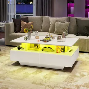 High Glossy LED Coffee Table With Storage For Living Room Modern Center Table With Open Display Shelf & 4 Sliding Drawers & LED Lights outdoorfun