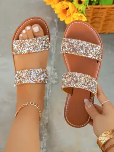 Women's Sparkling Sequins Slip-On Sandals, Casual Comfortable Flat Summer Shoes, Lightweight Beach Slippers, Ladies Cool Sandals